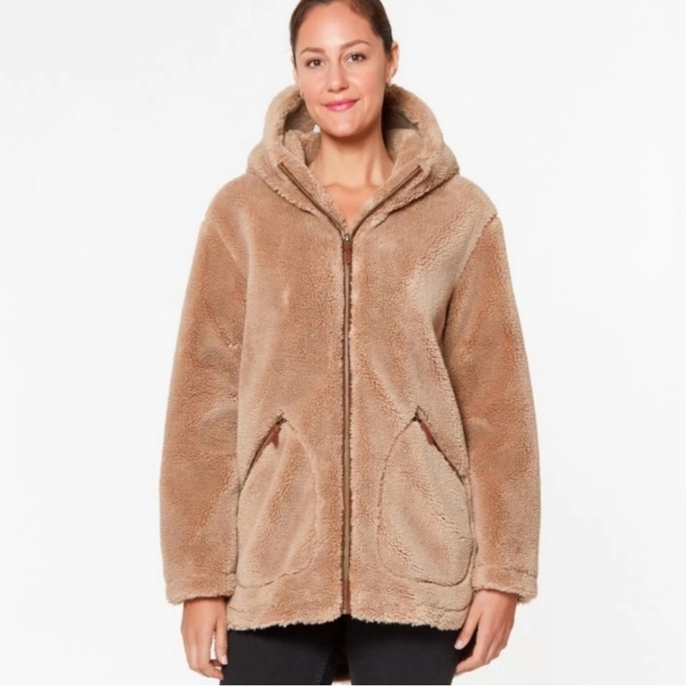 Koolaburra by Ugg Tan‎ Sherpa Faux Fur Full Zip Suede Trim Teddy Jacket Coat